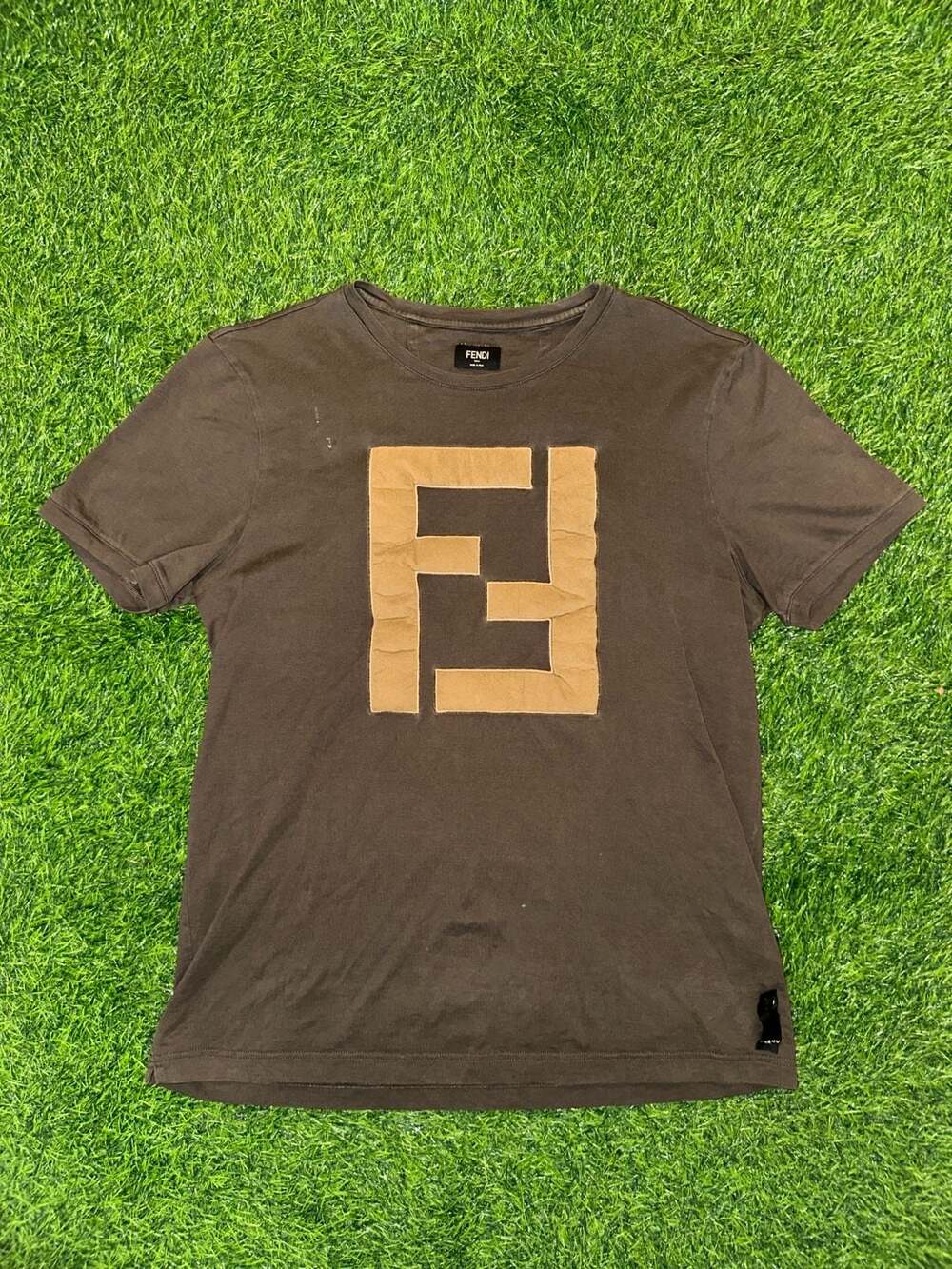 Fendi Zucca Logo Applique T-Shirt Size L Brown Cotton